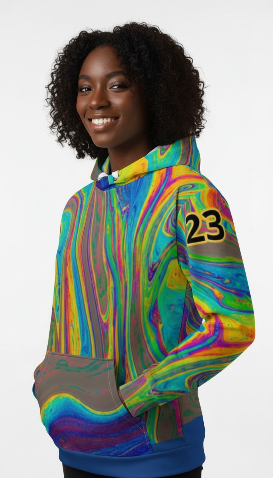 Black woman modeling the colorful Swirls on Swirls hoodie