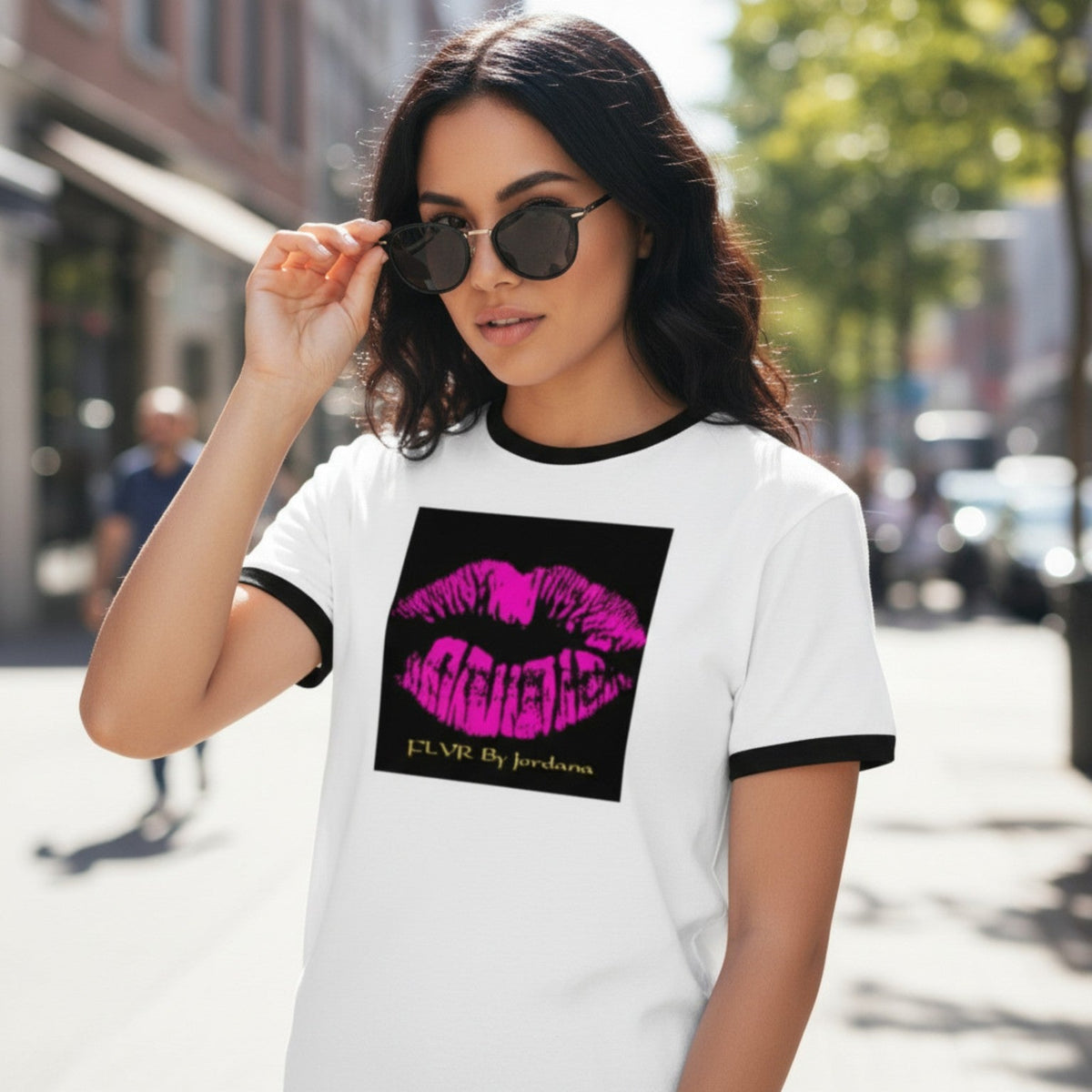 Woman modeling The Swack FLVR By Jordana graphic T-shirt