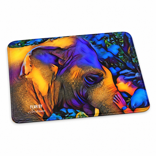 Nani’s World microfiber bath mat featuring colorful elephant artwork by Jordana